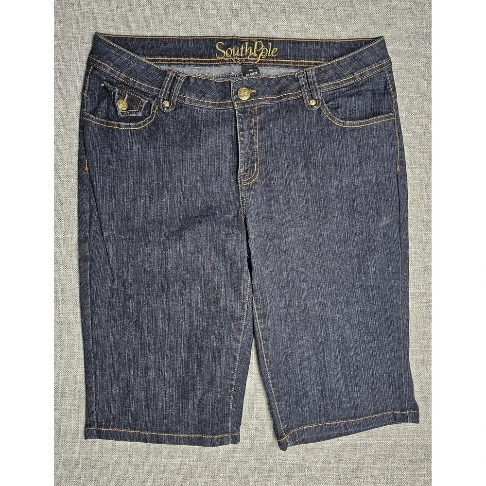 Southpole Denim Bermuda Shorts Womens 16 Dark Wash Stretch Rhinestone Script
